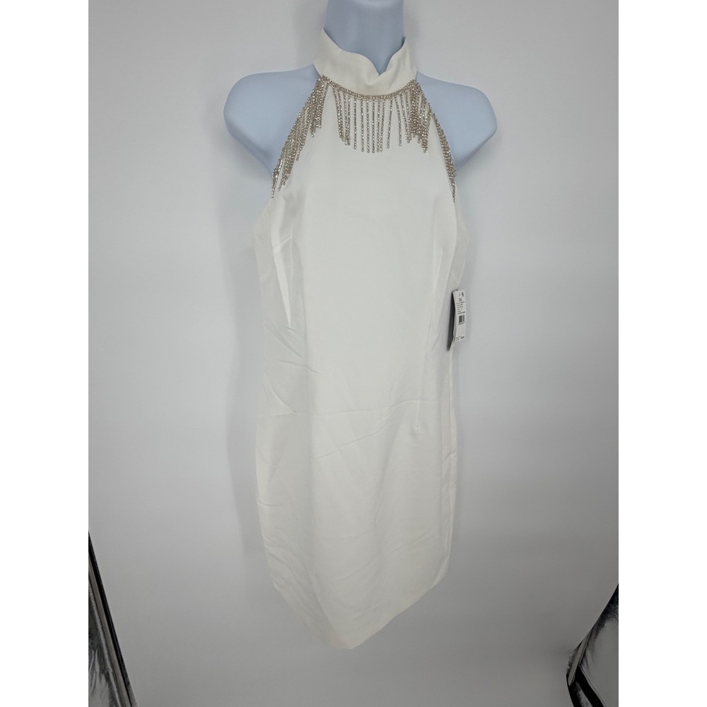 NWT Aidan Mattox Ivory Halter Crepe Mini Dress Rhinestone Fringe